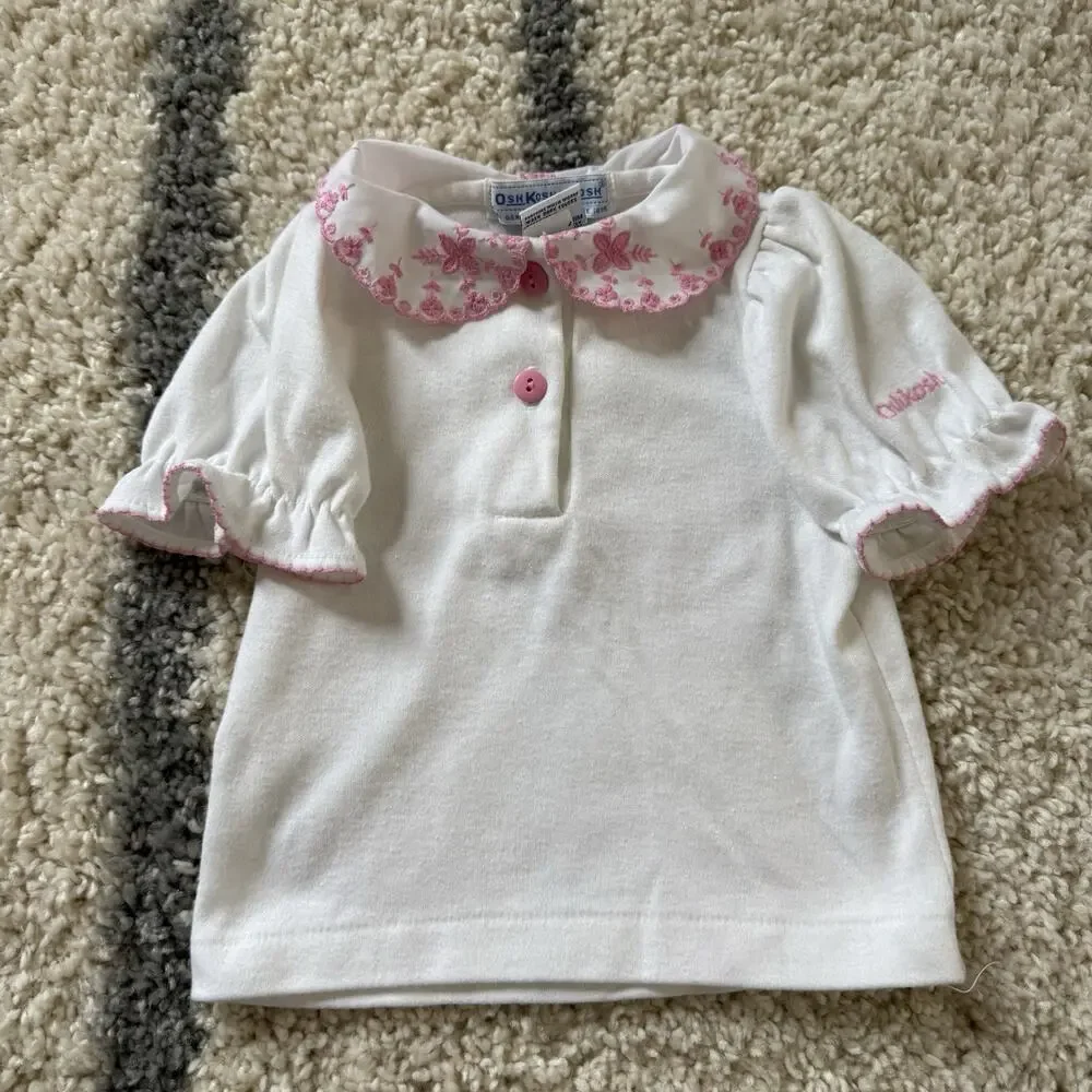 Vtg 90s OshKosh White Pink Collar Baby Girl Shirt Size 6-9 Months Embroidered